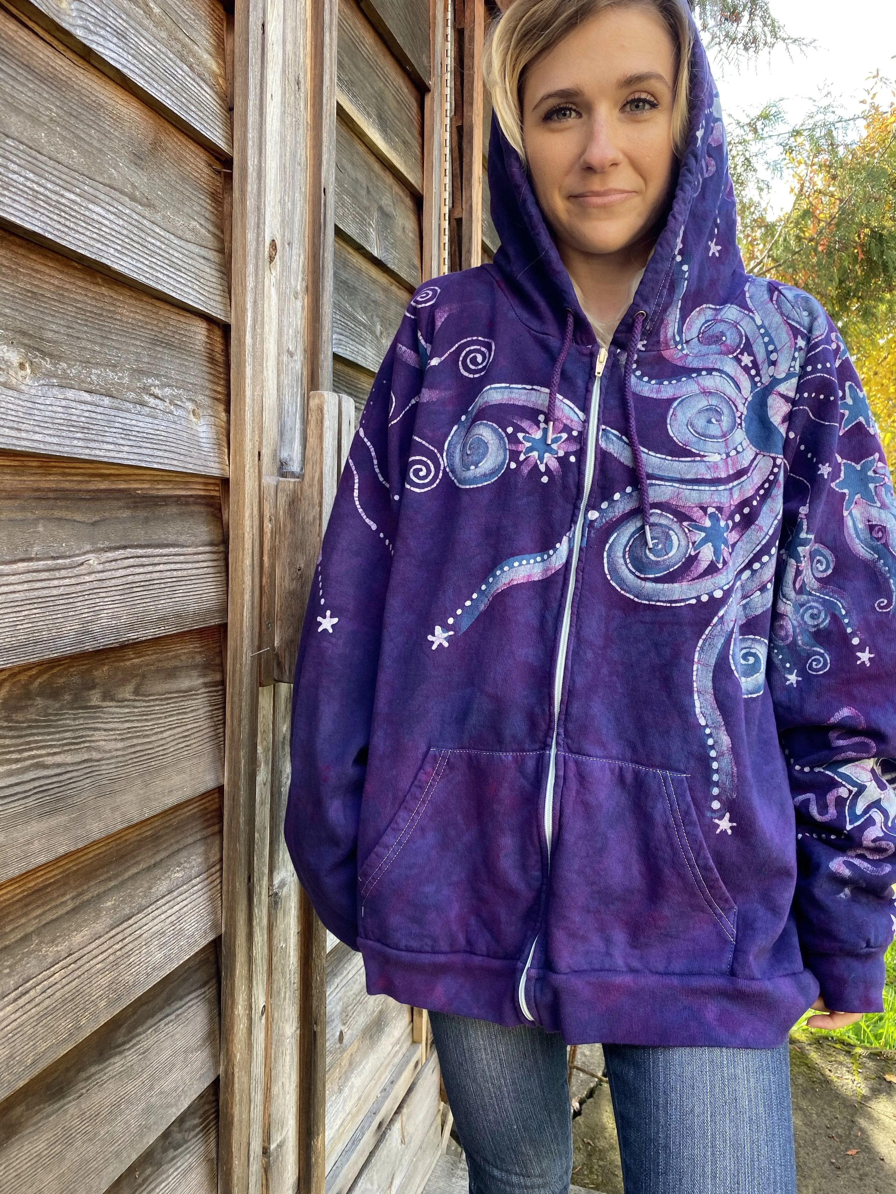 Stars and Moonbeams In Purple Passion - Organic Cotton Zip Up Batik Hoodie - in 2X