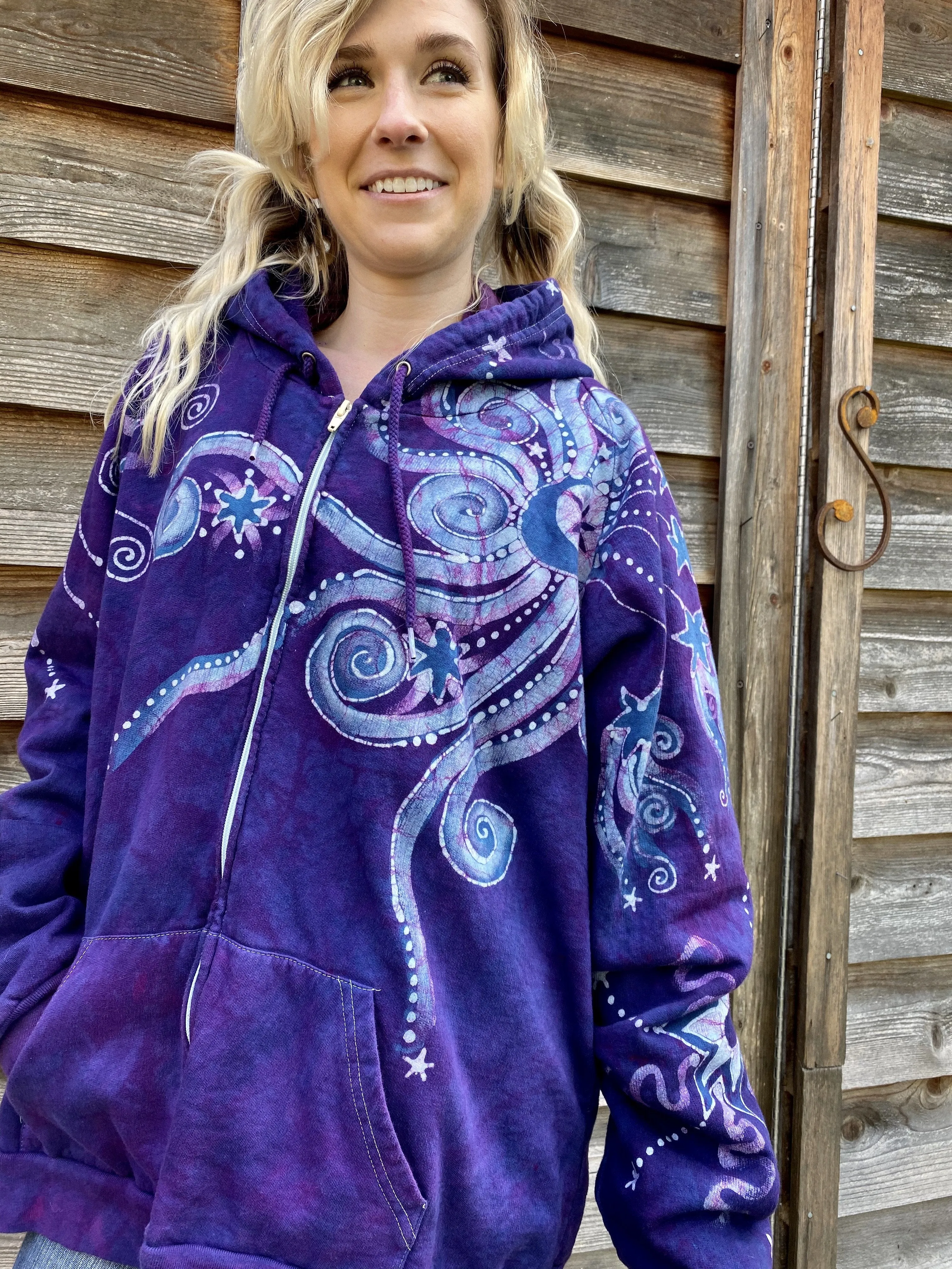 Stars and Moonbeams In Purple Passion - Organic Cotton Zip Up Batik Hoodie - in 2X