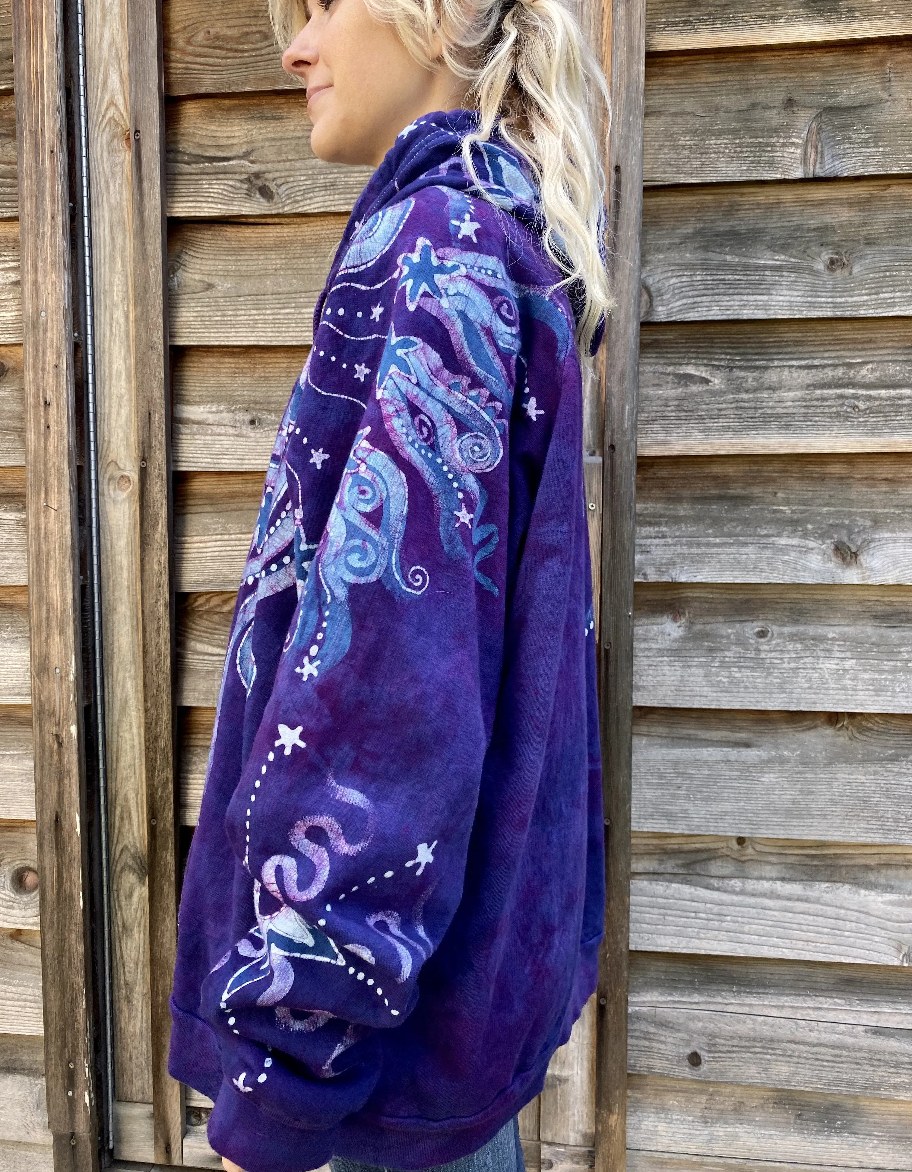 Stars and Moonbeams In Purple Passion - Organic Cotton Zip Up Batik Hoodie - in 2X