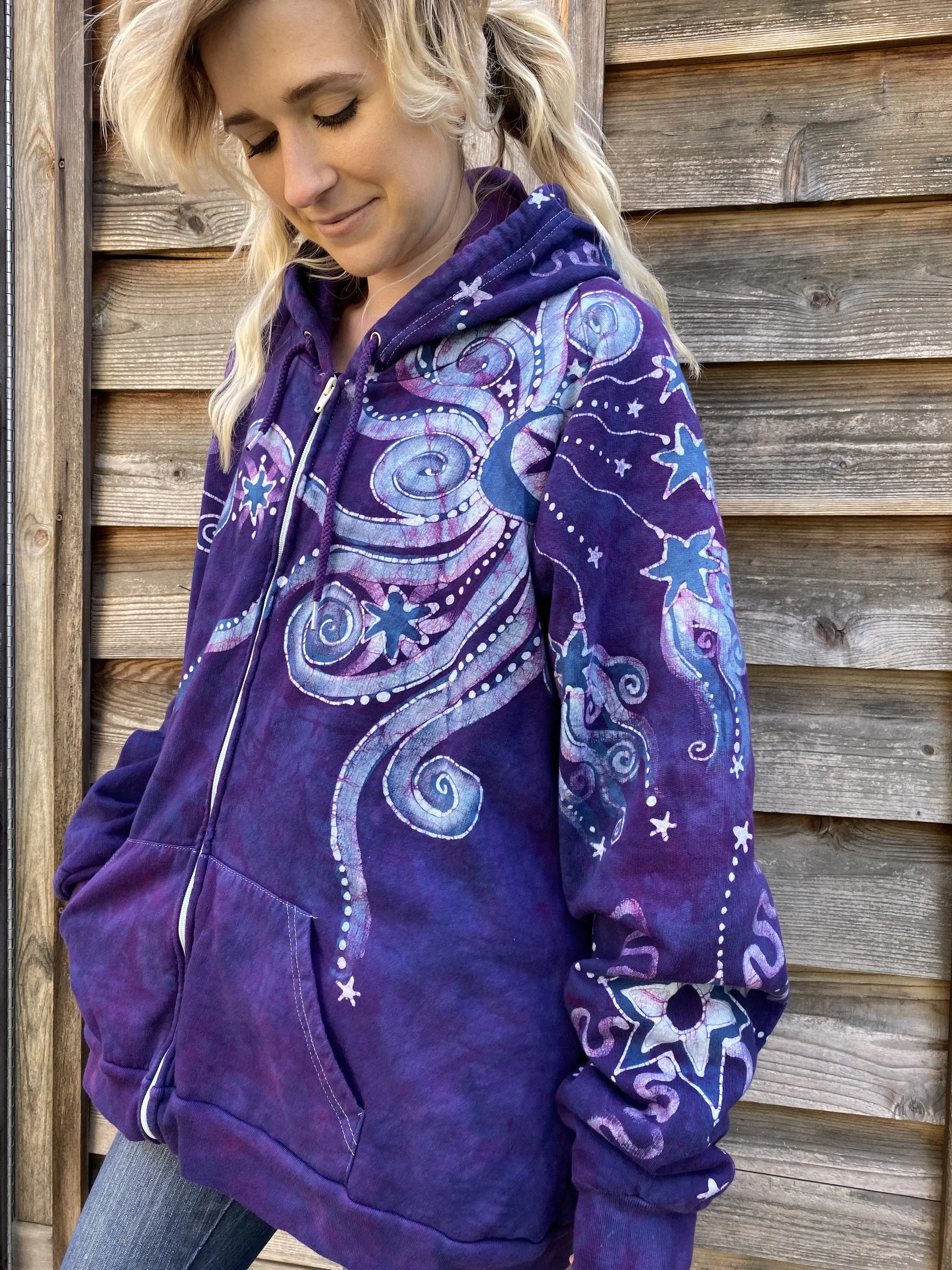 Stars and Moonbeams In Purple Passion - Organic Cotton Zip Up Batik Hoodie - in 2X