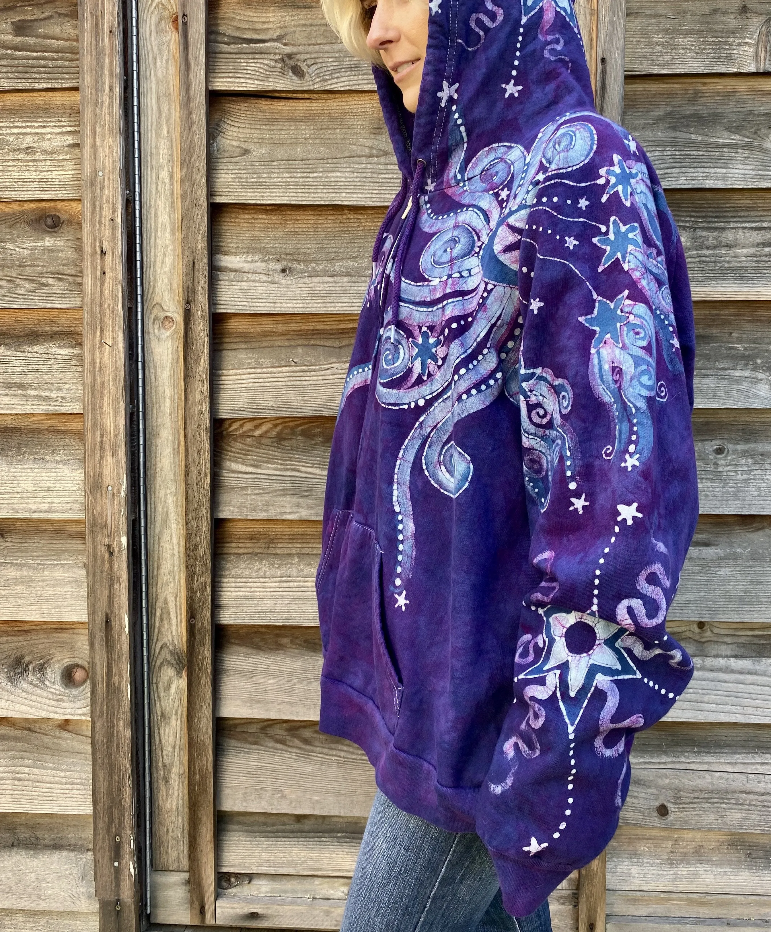 Stars and Moonbeams In Purple Passion - Organic Cotton Zip Up Batik Hoodie - in 2X
