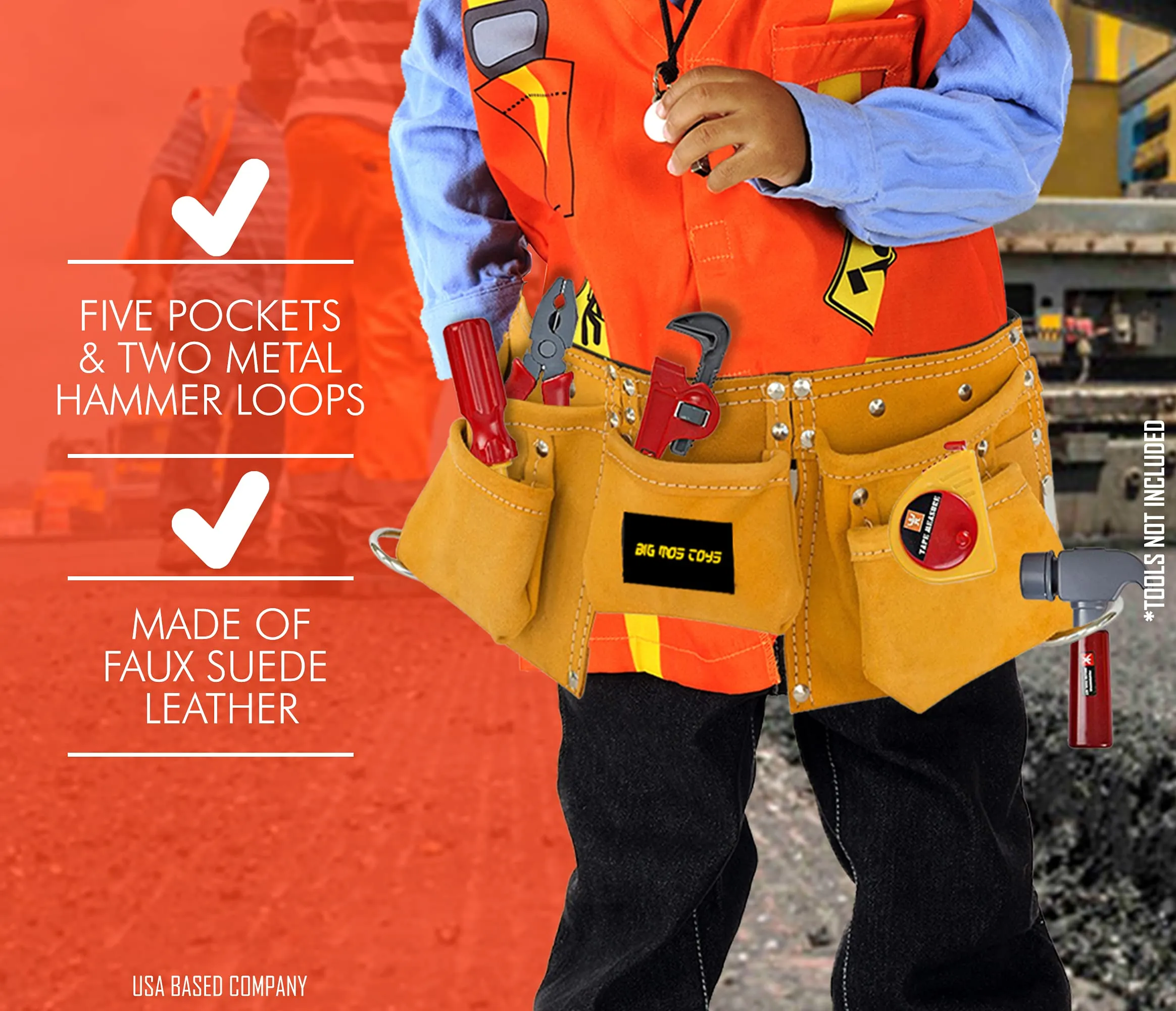 Tool Belt - Kids Brown Faux Suede Pretend Play Belt for Tools with Adjustable Strap