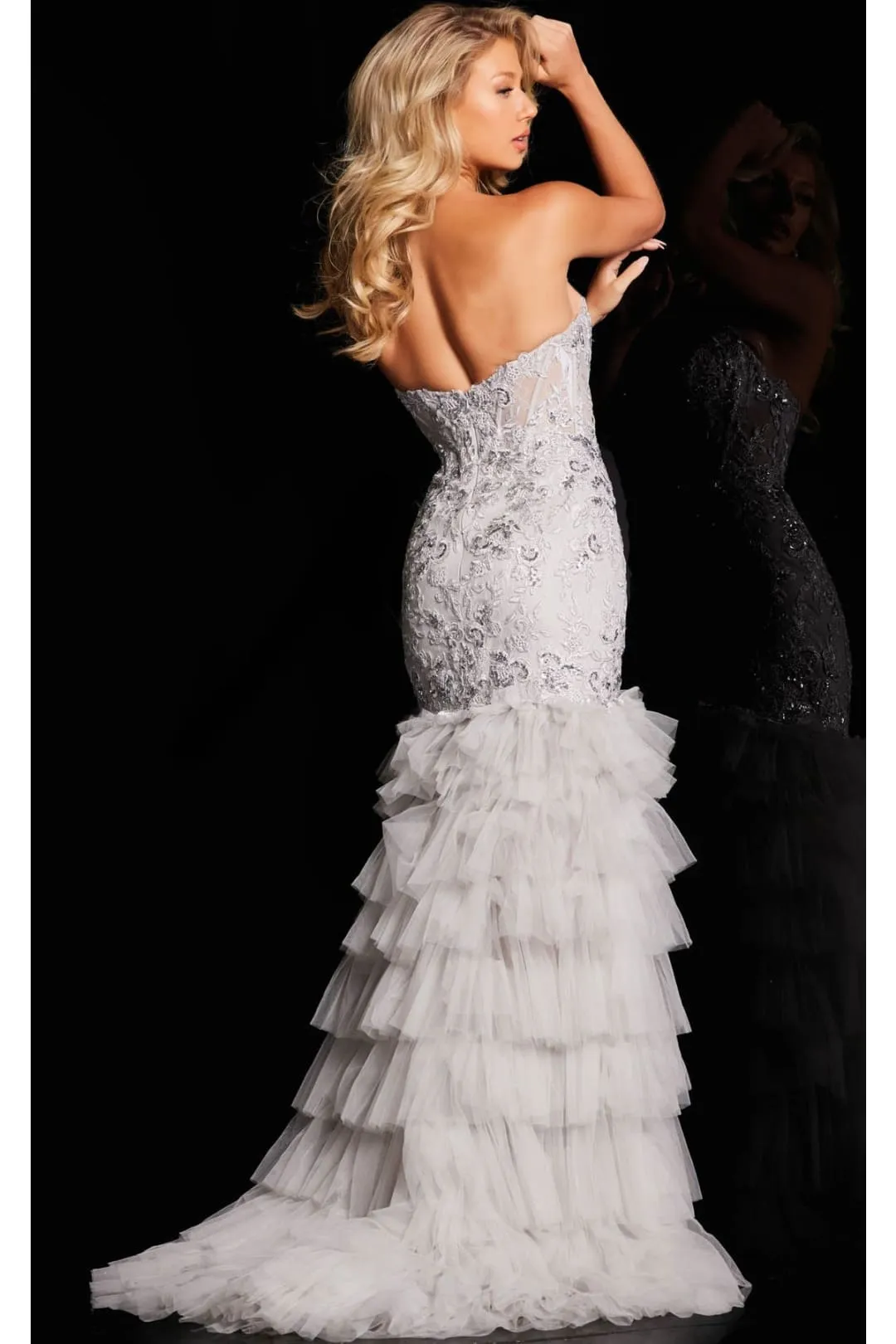 Tulle Fitted Strapless Ruffled Slit Gown by Jovani 38489